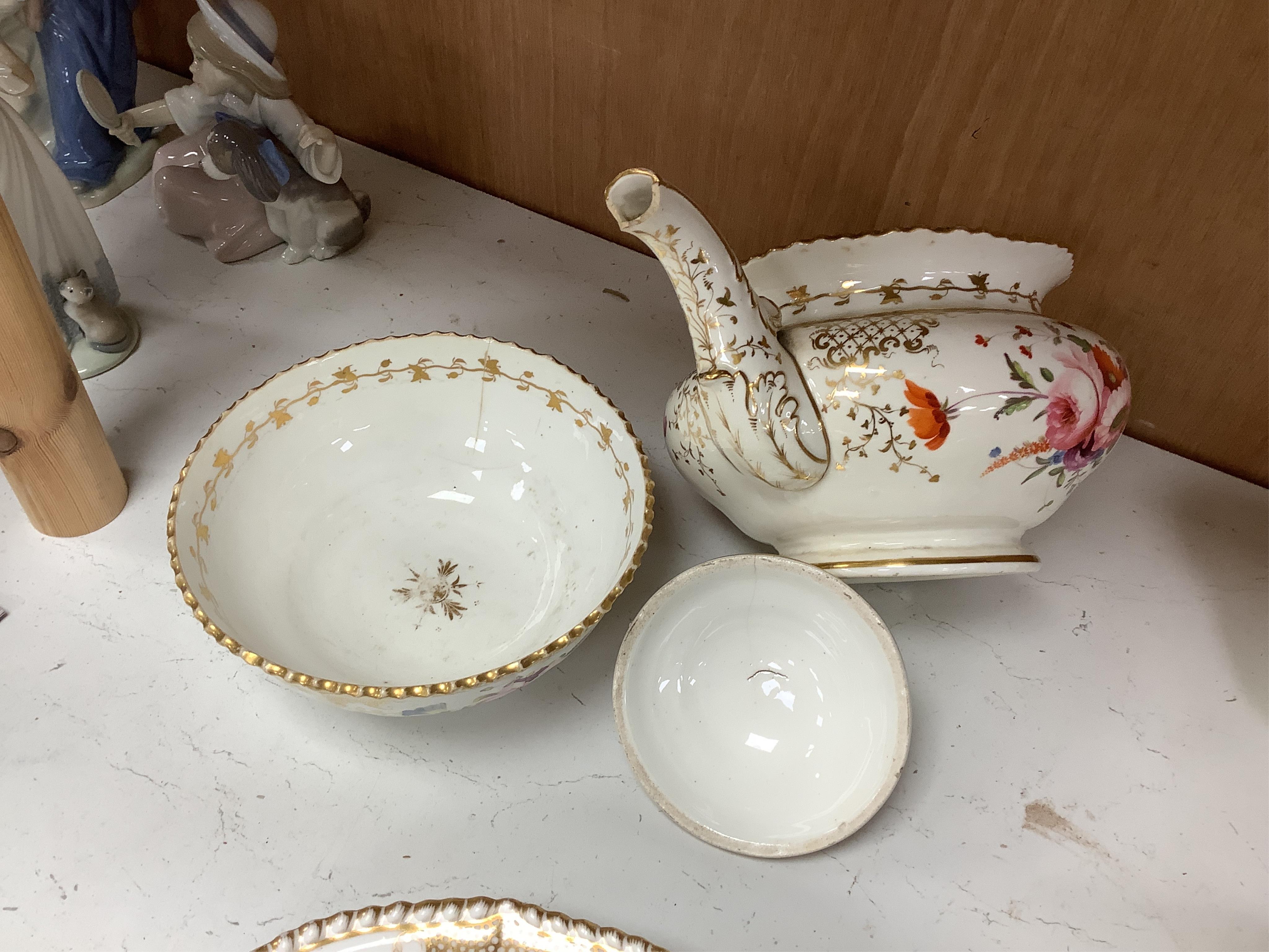 A Coalport floral part teaset, c.1825, to include teapot, sandwich plates and cups & saucers. Condition - poor to fair
